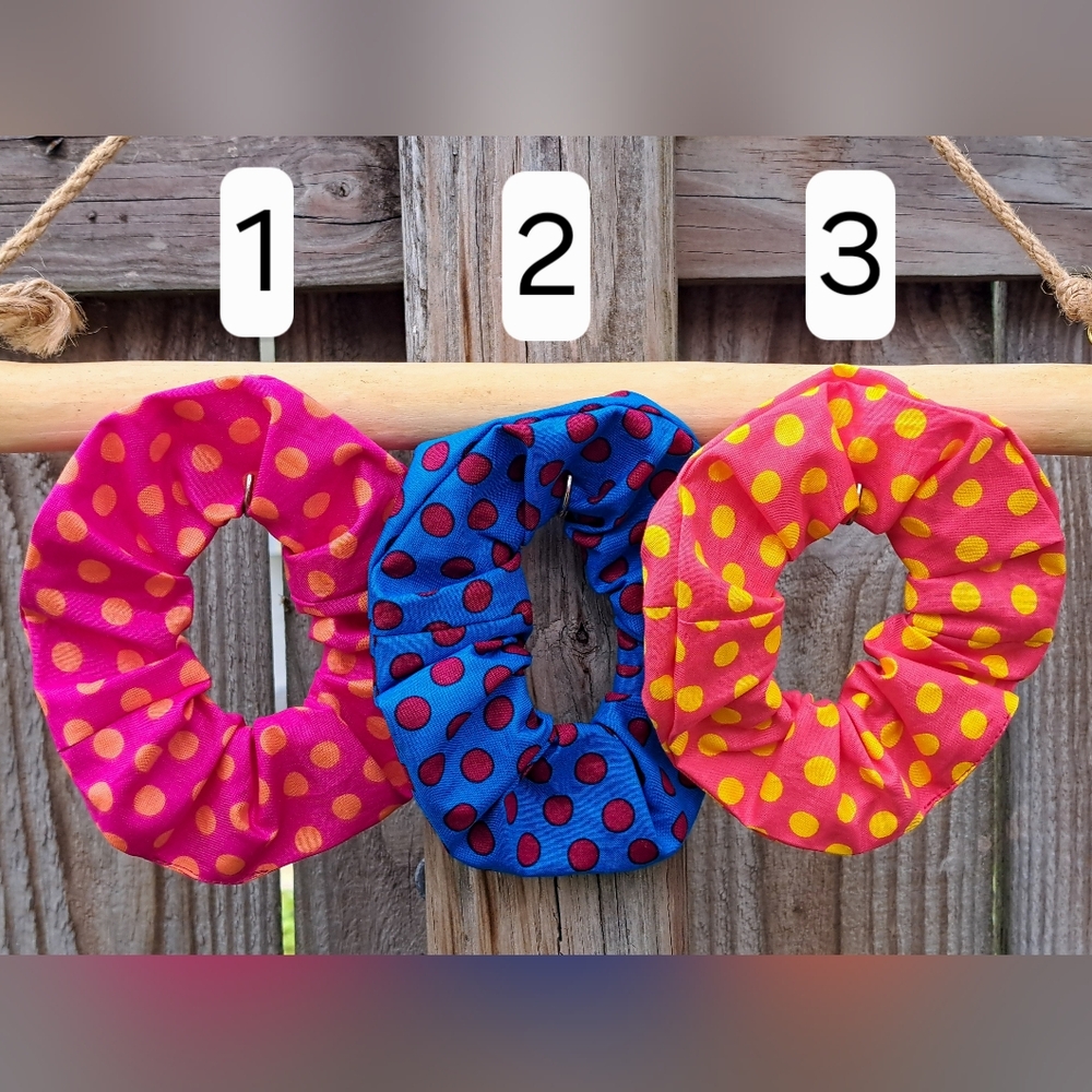 ONE Scrunchie Pink Blue Red Polka Dots Prints 100% Cotton